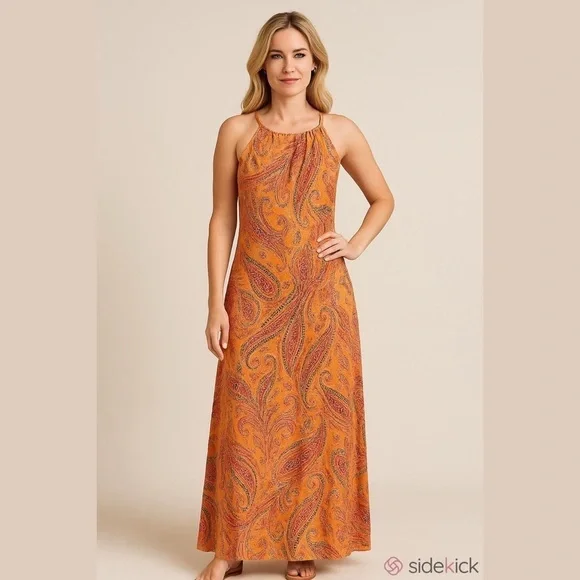 Ann Taylor Vintage Silk Paisley Print Orange Maxi Dress - Picture 1 of 8